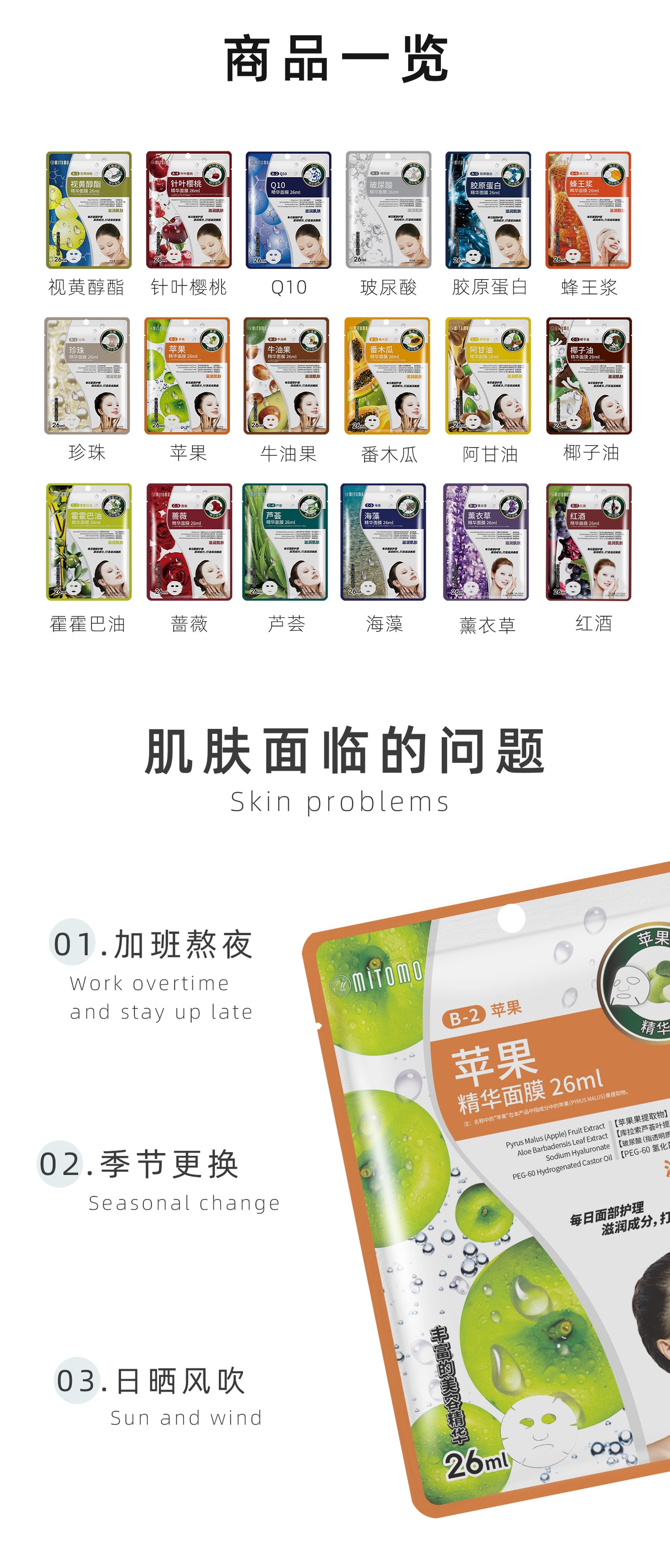 MITOMO 苹果精华面膜，深层滋润舒缓修复 适合干燥肌肤 每日护理必备 26ml/片 【MTSS00512-B-2C】
